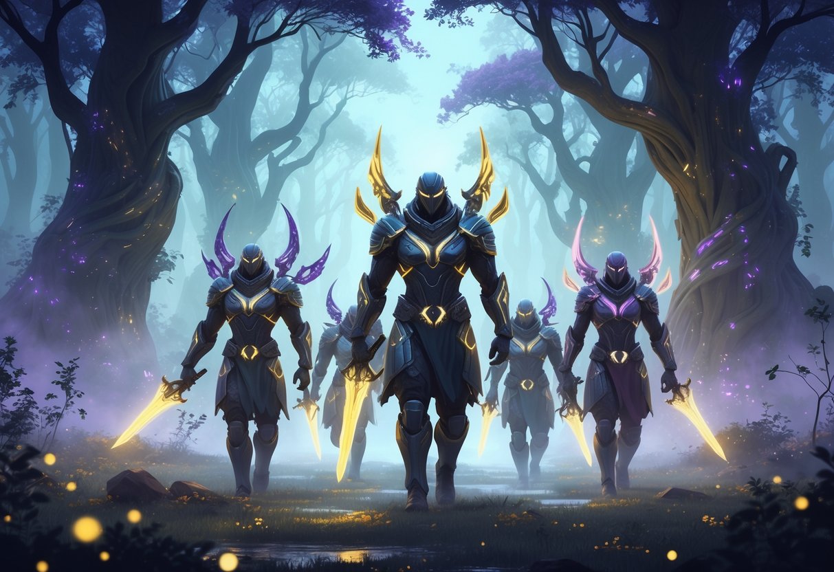 Un grupo de guerreros con armaduras avanzadas y armas luminosas en un bosque místico con árboles altos y hojas brillantes, rodeados de niebla y luces flotantes.