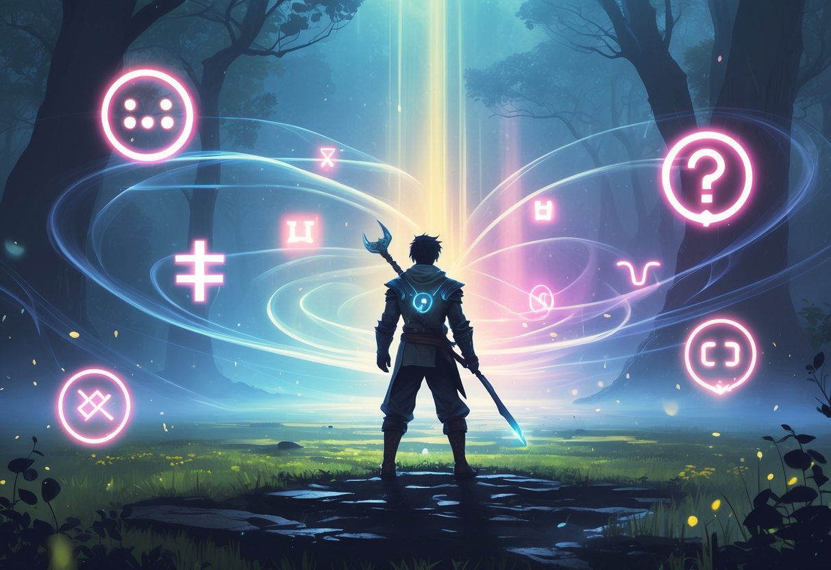 Un guerrero joven y decidido en un campo de batalla mágico iluminado, rodeado de símbolos brillantes que representan errores técnicos y desafíos, preparándose para superar obstáculos en un entorno competitivo.
