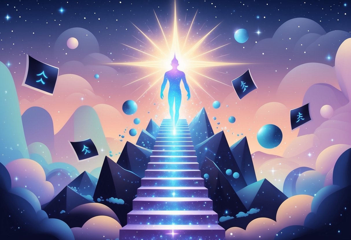 Una figura luminosa ascendiendo una escalera de luz, dejando atrás sombras oscuras en un paisaje onírico con luces flotantes y un cielo estrellado.