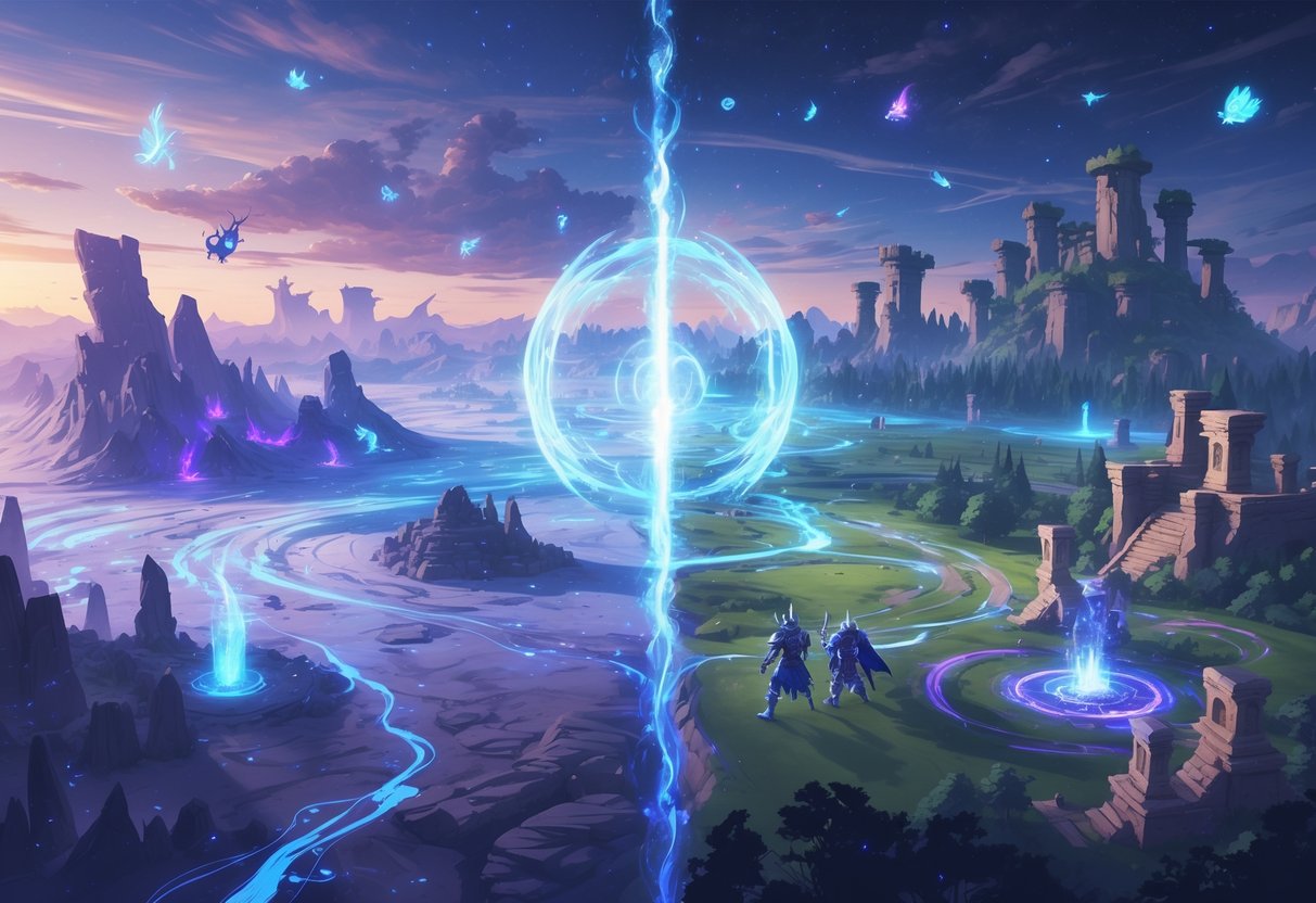 Un campo de batalla fantástico dividido en dos zonas: una con islas flotantes y ruinas antiguas, y otra con un bosque encantado y torres brillantes, con guerreros preparándose para la batalla.