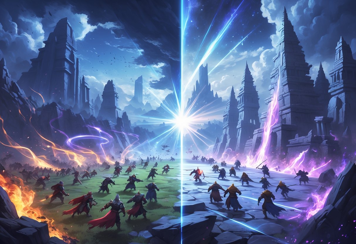 Escena de batalla entre dos grupos de héroes y criaturas en un paisaje dividido entre un campo de batalla caótico y una arena estratégica con templos y torres antiguas.