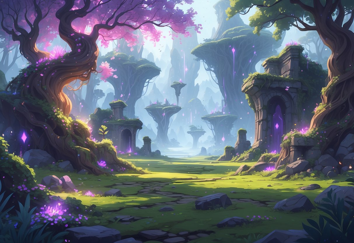Un paisaje fantástico con un bosque encantado, ruinas antiguas cubiertas de enredaderas y criaturas mágicas entre árboles altos y luces brillantes.