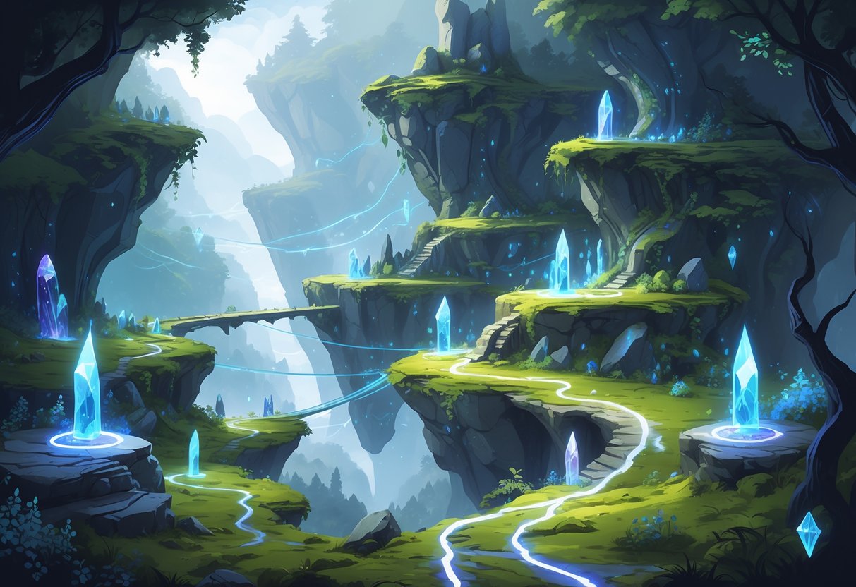 Un paisaje fantástico con un terreno encantado, caminos brillantes, islas flotantes y ruinas antiguas cubiertas de musgo, con una atmósfera misteriosa y mágica.