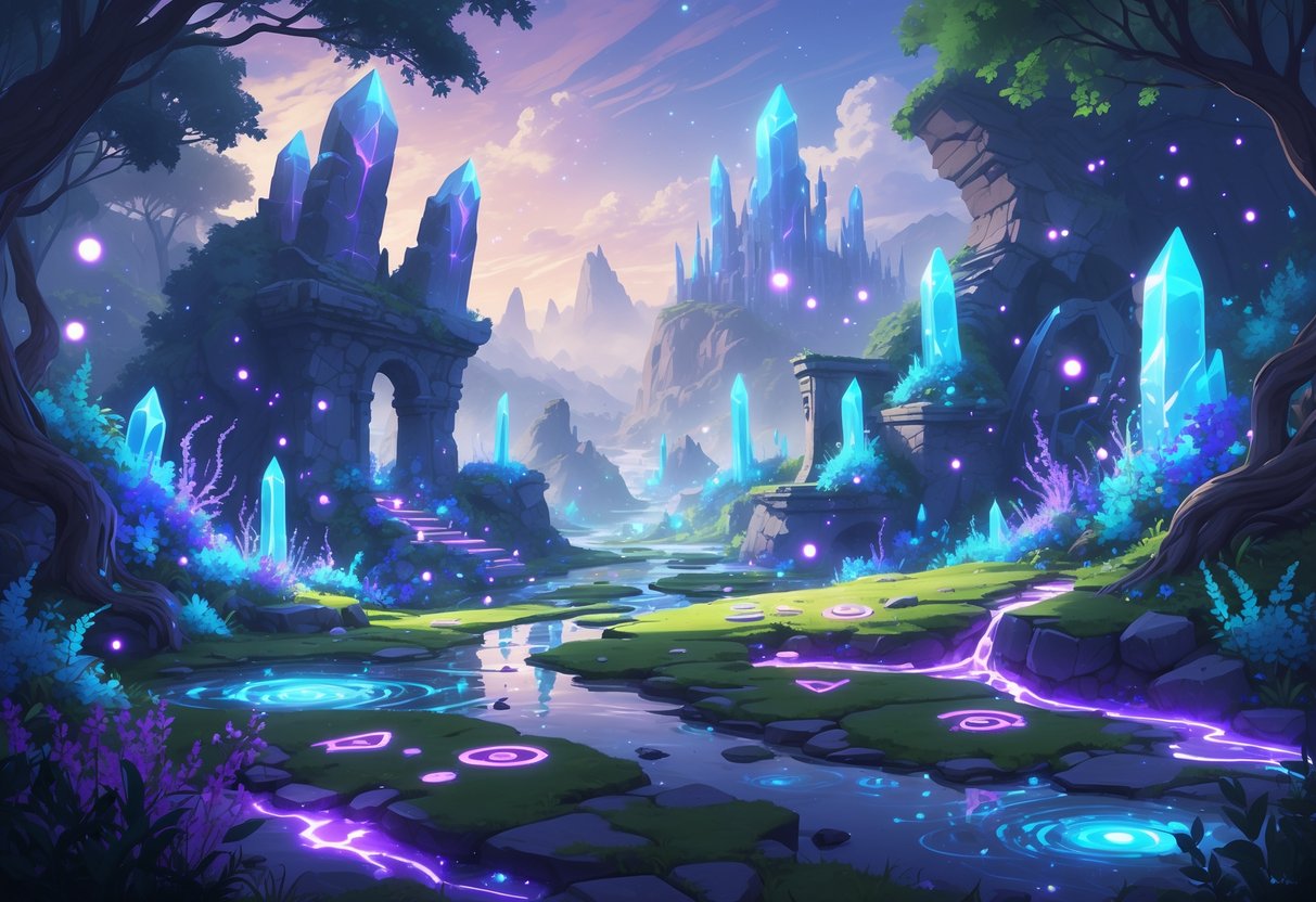 Un paisaje fantástico con ruinas antiguas, cristales brillantes, plantas bioluminiscentes y caminos de piedra iluminados por luces mágicas en un entorno misterioso y encantado.