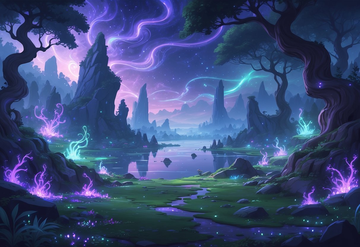 Un bosque encantado con árboles altos y plantas luminosas, caminos ocultos entre ruinas y un lago brillante bajo un cielo estrellado con islas flotantes.