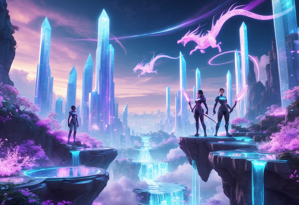 Una ciudad flotante brillante rodeada de plantas luminosas y cascadas, con figuras humanas en plataformas suspendidas bajo un cielo con luces de colores y criaturas voladoras.
