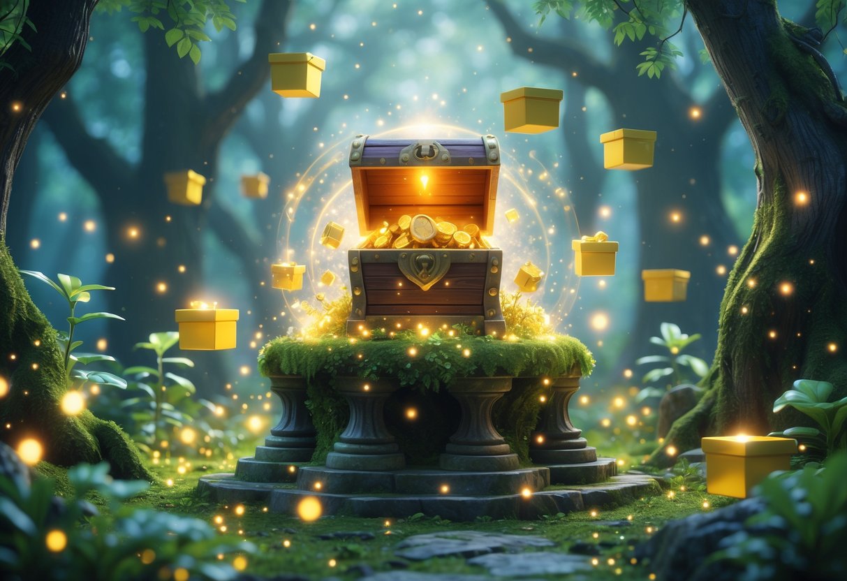 Un cofre brillante rodeado de cajas doradas flotantes en un bosque encantado con árboles altos y luz suave filtrándose entre las hojas.