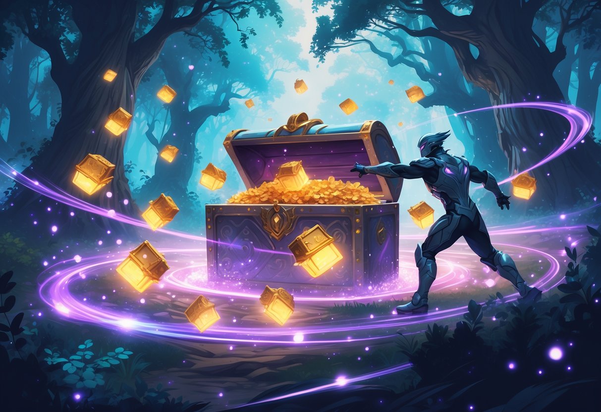 Una figura heroica alcanza una caja brillante que flota en un bosque encantado con árboles altos y luz suave.