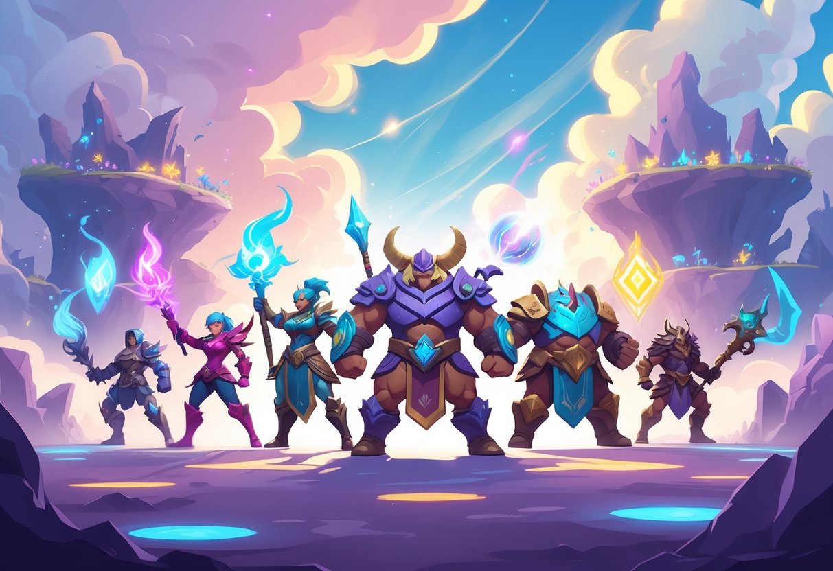 Un campo de batalla fantástico con personajes heroicos en armaduras coloridas y un escenario místico con plataformas flotantes y luces brillantes.