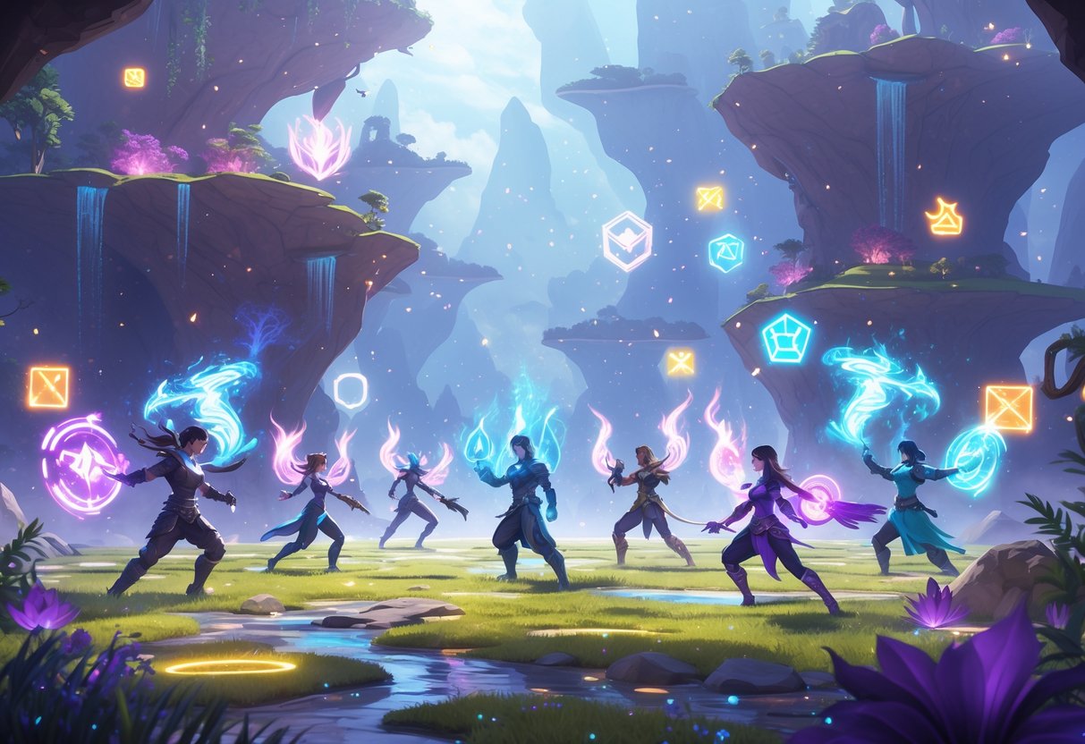 Una escena con personajes heroicos en un paisaje mágico con islas flotantes y luces brillantes, mostrando una batalla estratégica en un mundo fantástico.