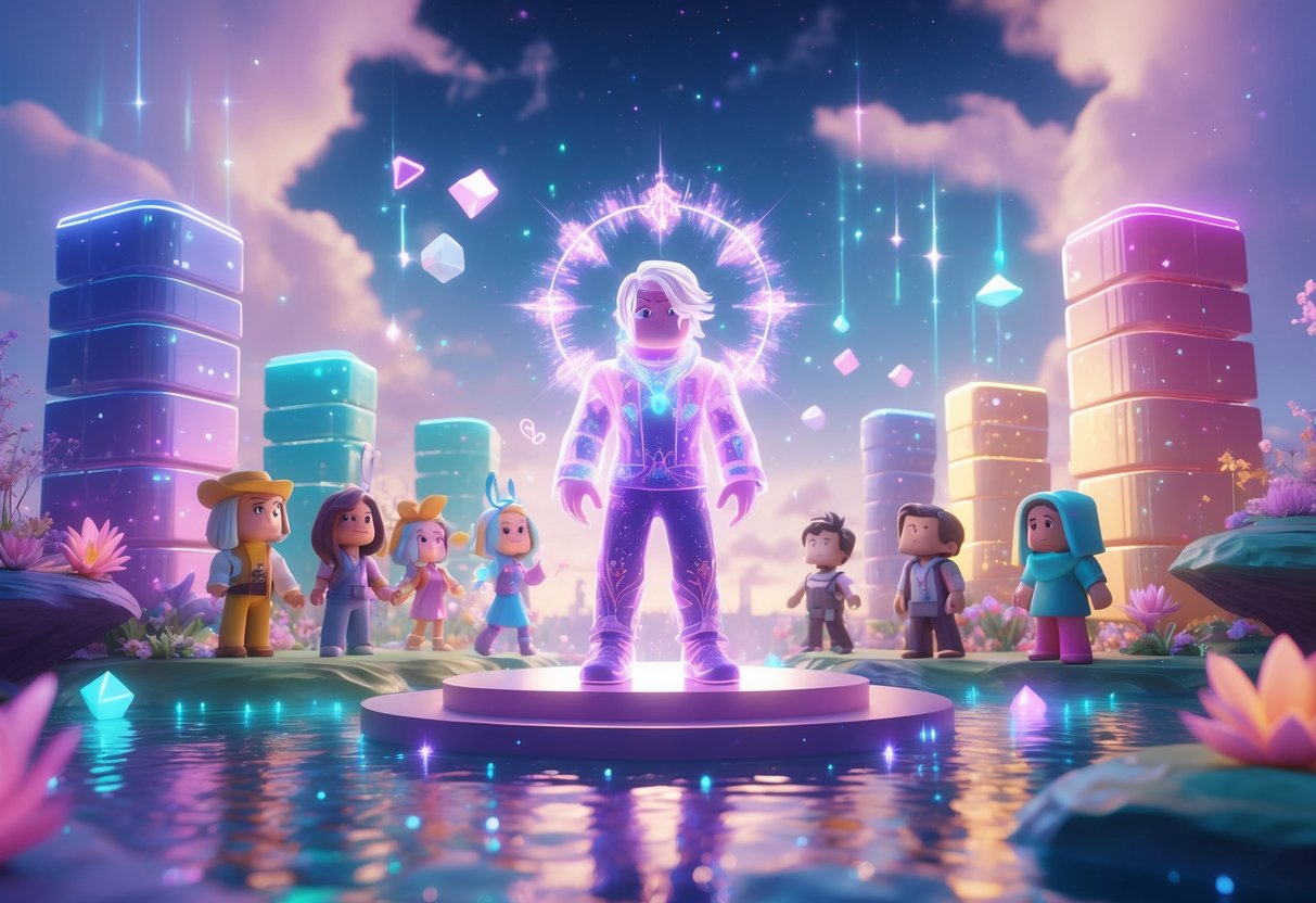 Una escena mágica con un avatar brillante en una plataforma flotante rodeada de torres luminosas y otros personajes admirándolo en un cielo pastel con islas flotantes y luces brillantes.