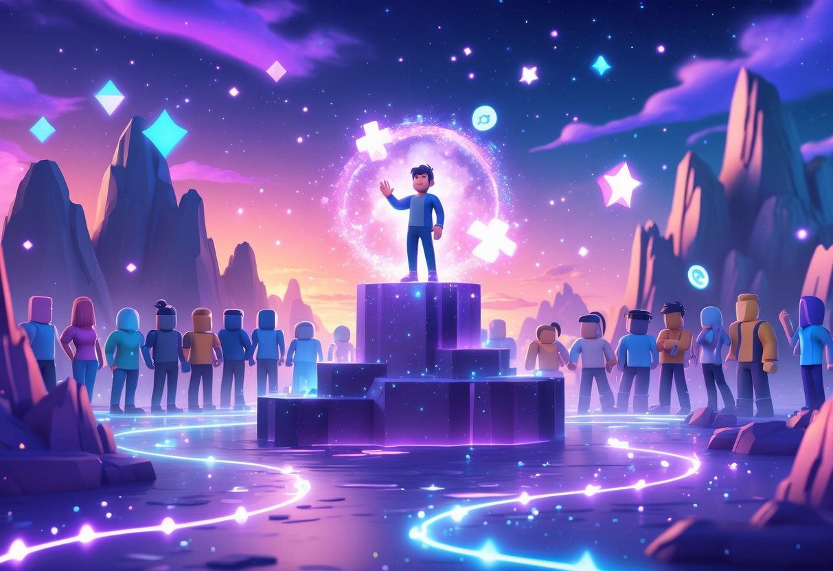 Un avatar brillante y destacado en una isla flotante rodeado de otros avatares en un paisaje digital luminoso y mágico.