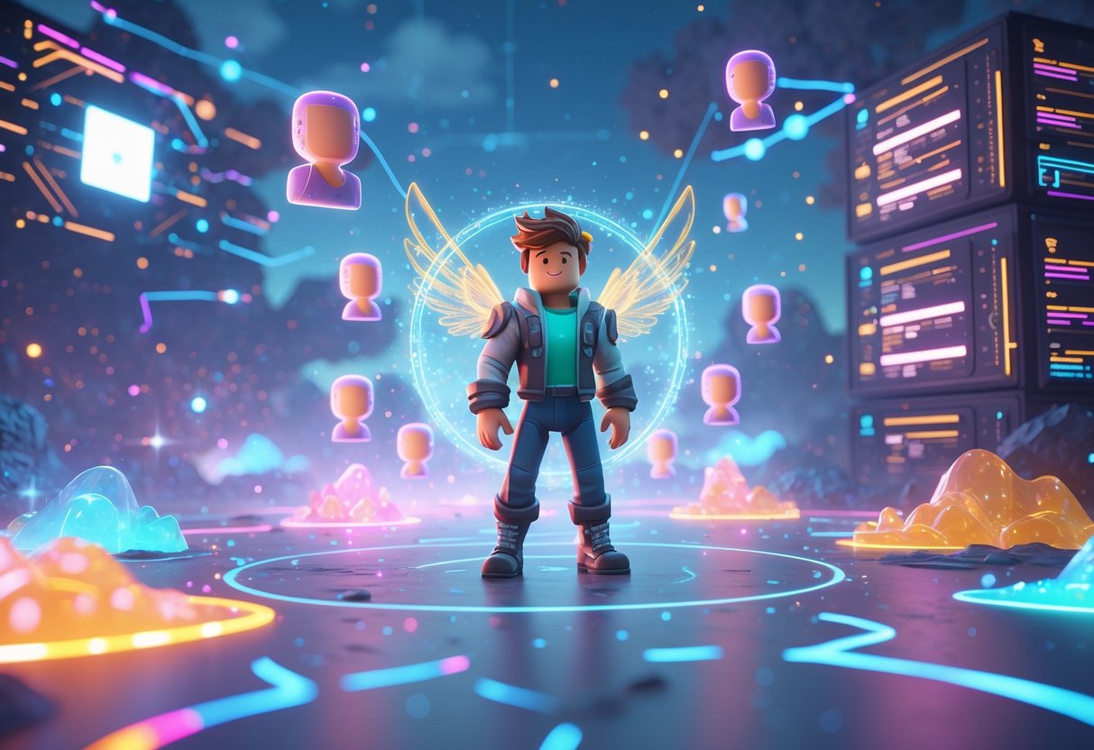 Un personaje joven y confiado rodeado de avatares translúcidos y elementos digitales brillantes en un paisaje fantástico con islas flotantes y estructuras luminosas.