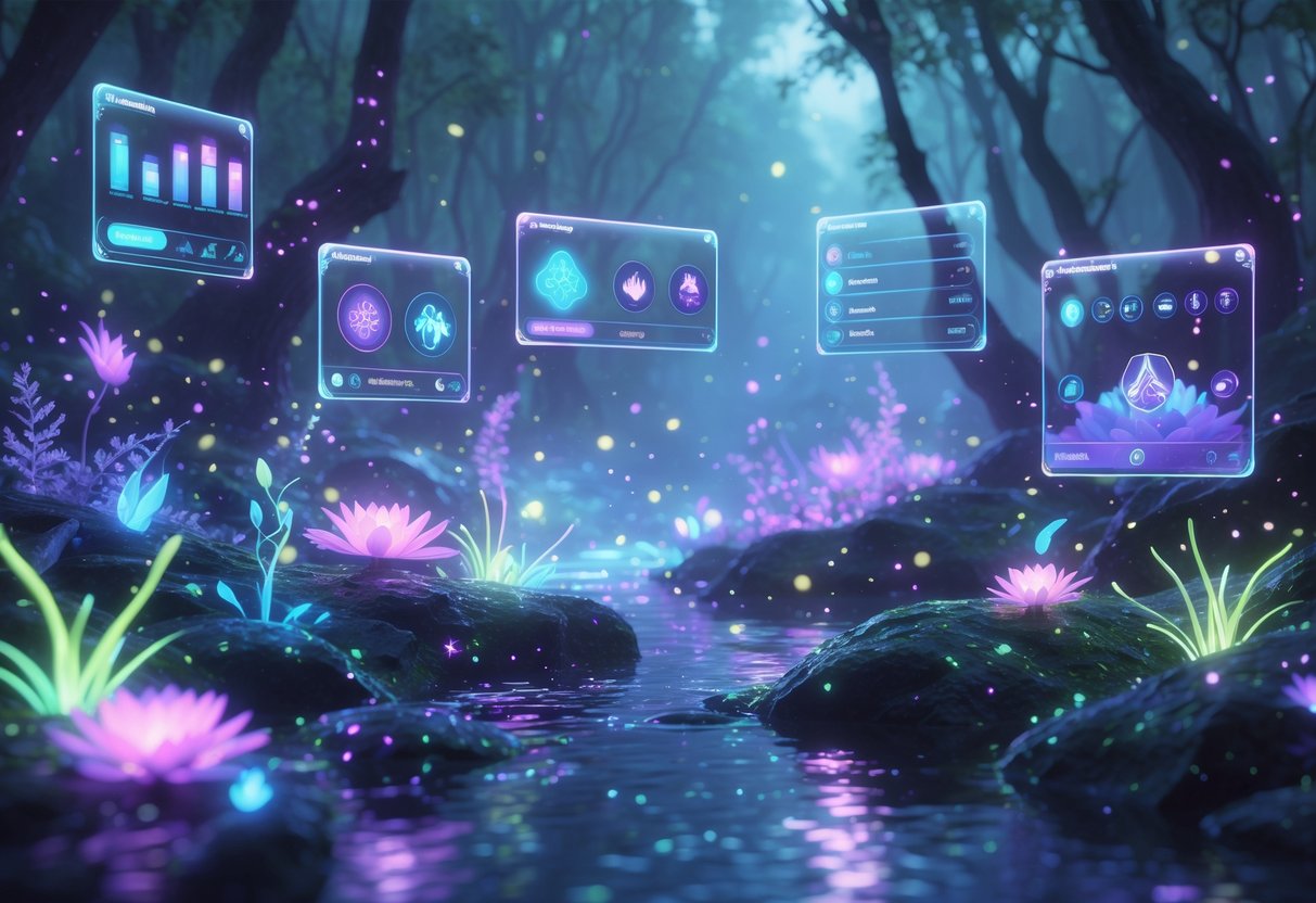 Un bosque encantado con elementos flotantes luminosos que representan una interfaz de juego integrada en el ambiente, con plantas brillantes y criaturas míticas en el fondo.