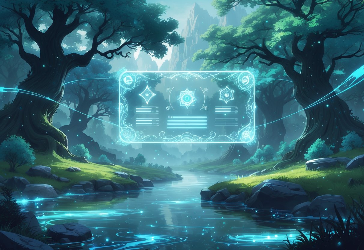 Un paisaje fantástico con un bosque encantado donde una interfaz flotante luminosa se integra con el entorno natural, mostrando elementos brillantes sobre árboles y un río cristalino.