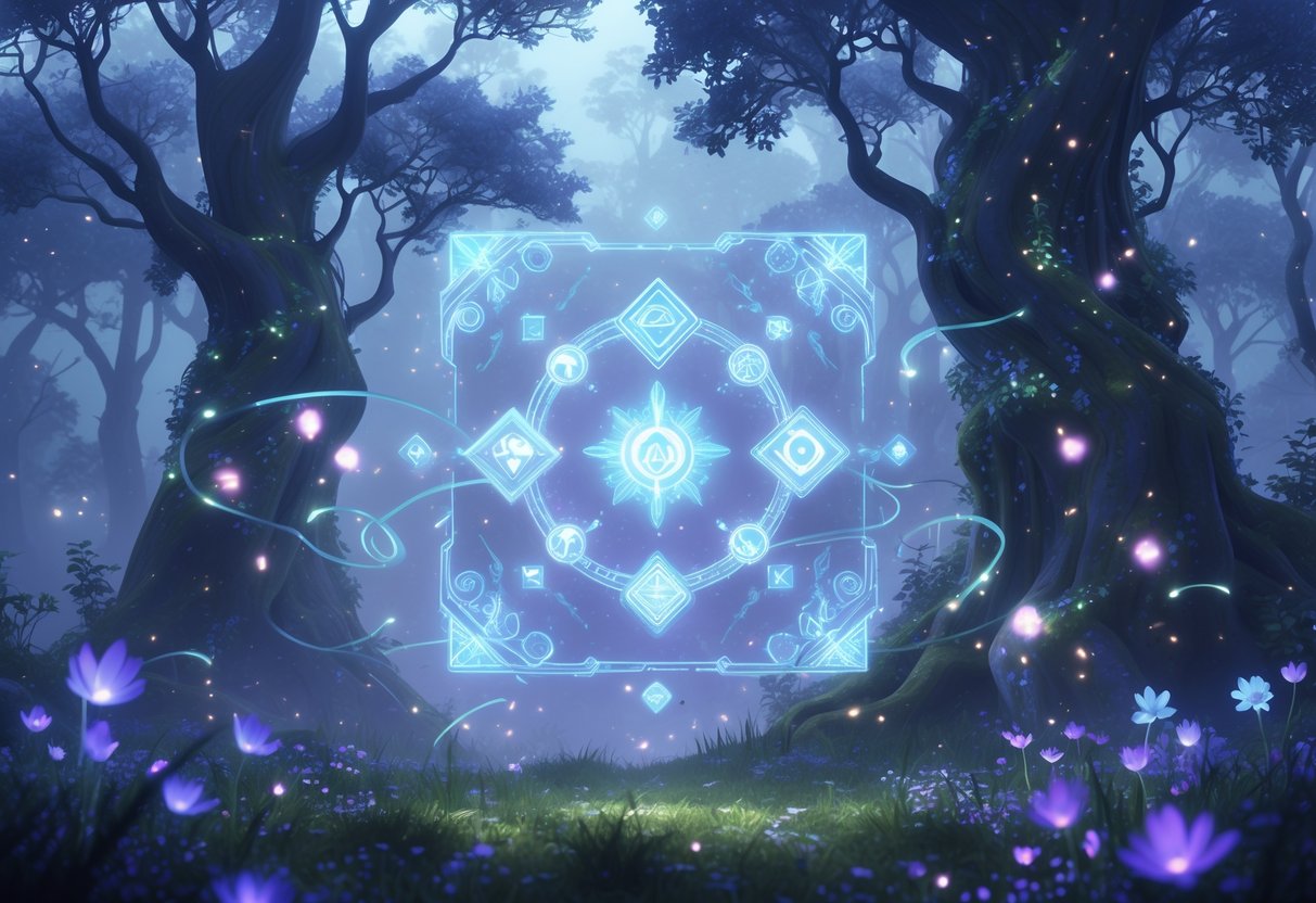 Un bosque encantado con un interfaz flotante brillante y translúcido rodeado de árboles antiguos y luces mágicas.