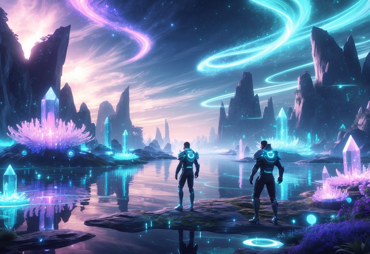 Un paisaje fantástico con islas flotantes luminosas, criaturas mágicas de luz y personajes futuristas en un entorno vibrante y detallado.