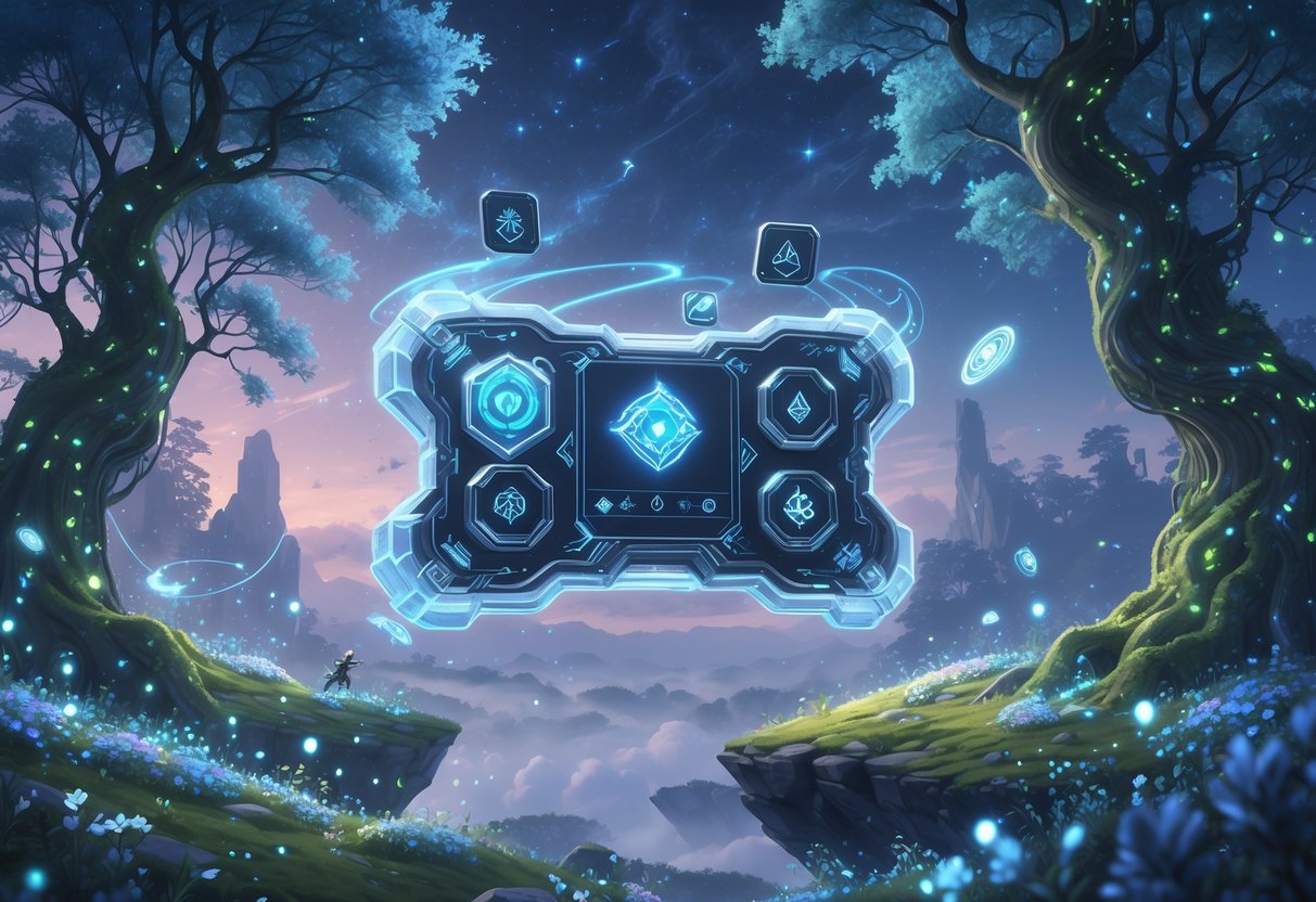 Un bosque encantado con un HUD flotante brillante rodeado de luces mágicas y árboles antiguos bajo un cielo estrellado.