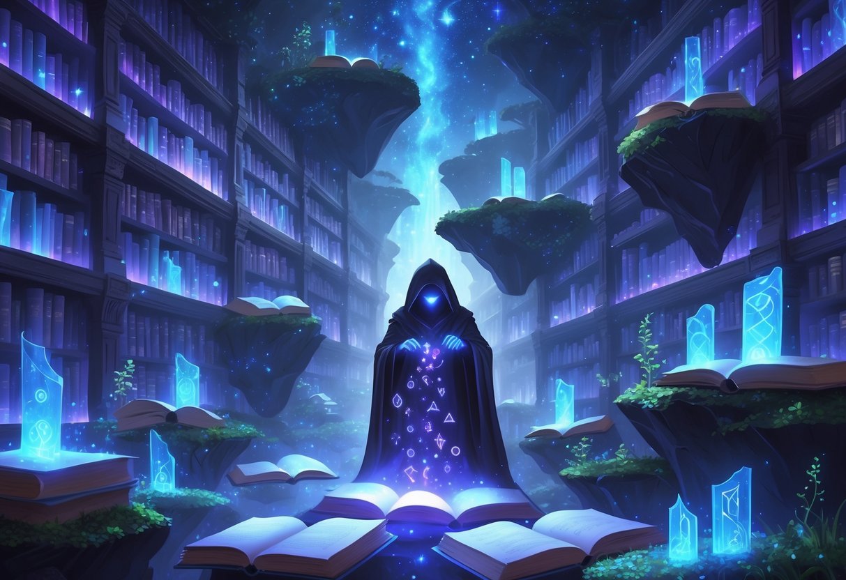 Una figura encapuchada en una biblioteca antigua flotante rodeada de libros luminosos y símbolos mágicos en un paisaje celestial con islas flotantes y cascadas brillantes.