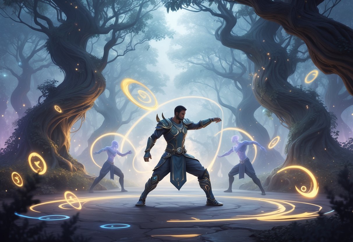 Un guerrero entrenando en un bosque mágico iluminado por luces suaves, rodeado de figuras fantasmales que muestran técnicas de combate secretas.