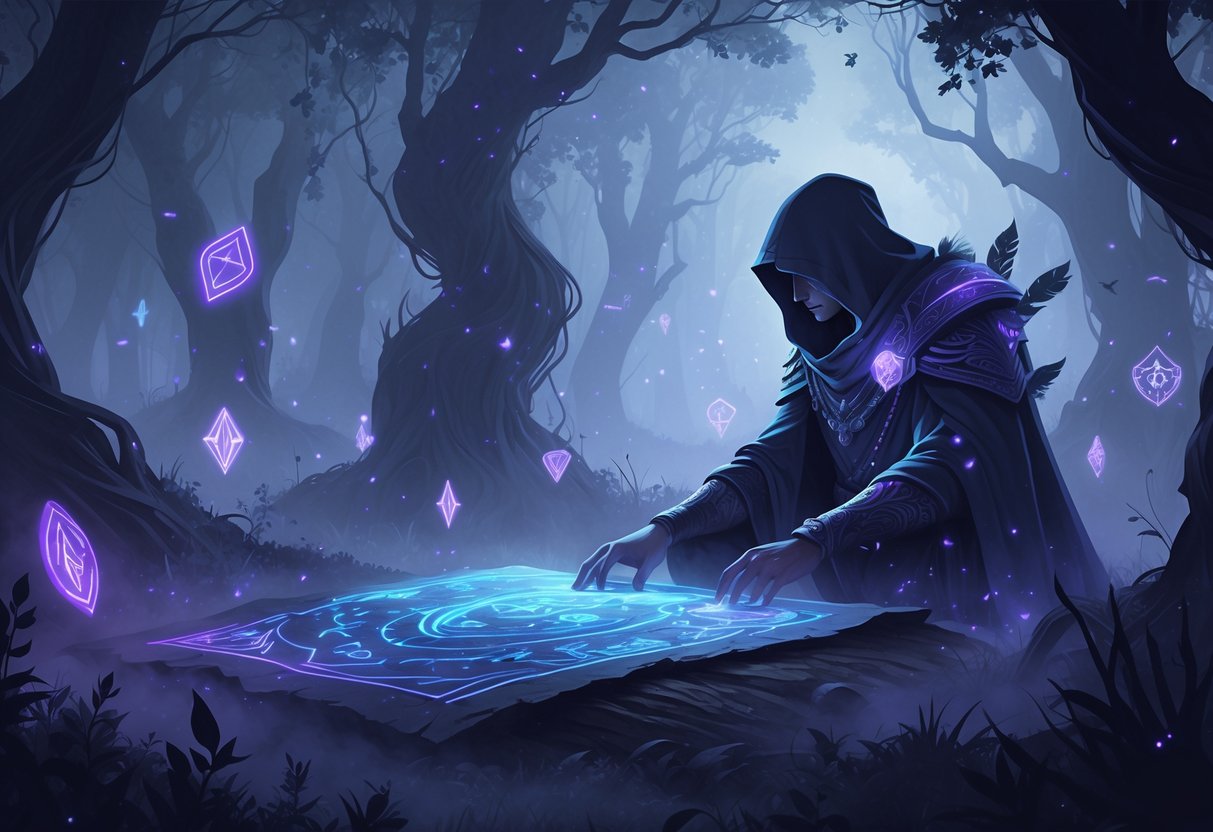Un bosque encantado al anochecer con una figura encapuchada estudiando un mapa brillante, rodeada de símbolos mágicos flotantes y luces suaves.