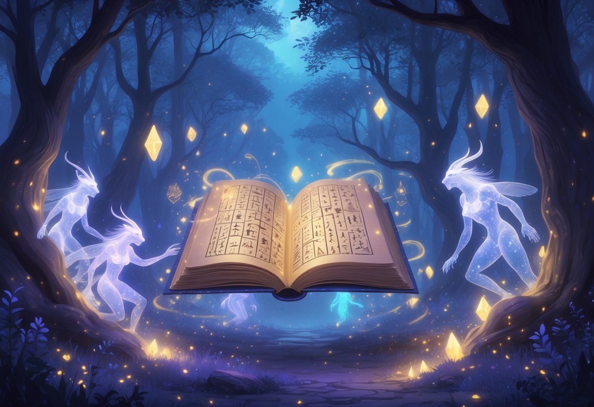 Un libro antiguo flotando en un bosque encantado con figuras fantasmales y luces mágicas alrededor.
