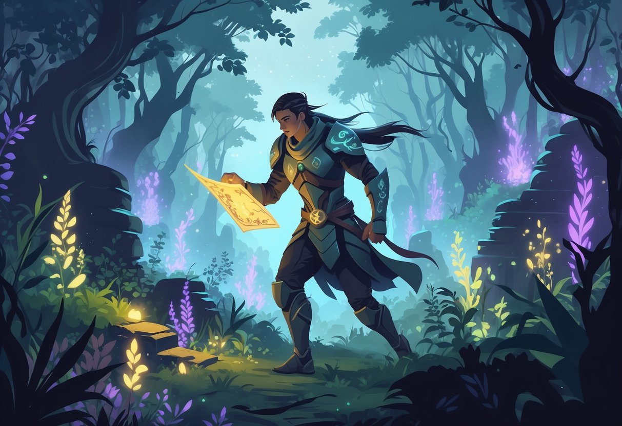 Un guerrero en armadura futurista explora un bosque encantado con plantas brillantes y ruinas antiguas, rodeado de espíritus luminosos que sugieren secretos ocultos.