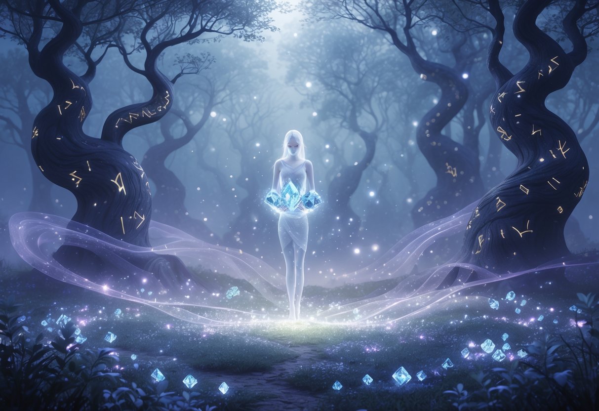 Un espíritu protector flotando sobre un bosque encantado, sosteniendo diamantes brillantes rodeados de luces y niebla.
