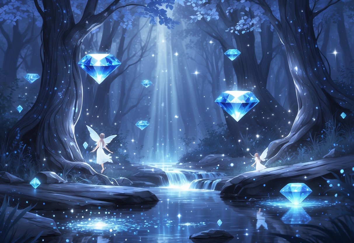Un bosque mágico al atardecer con diamantes flotando y criaturas etéreas cerca de un arroyo cristalino.