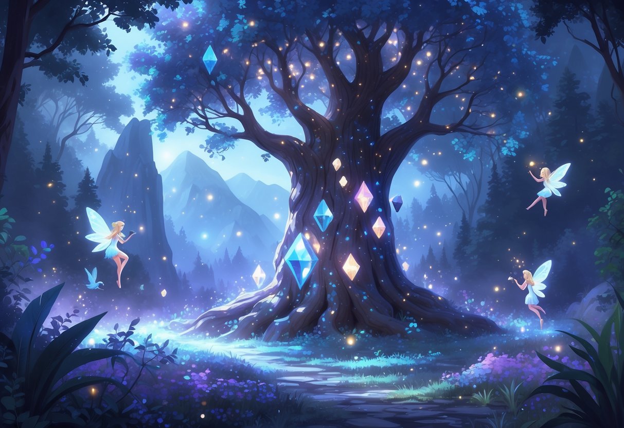 Un claro de bosque encantado con un árbol antiguo que tiene diamantes brillantes incrustados, rodeado de hadas luminosas y luces flotantes.