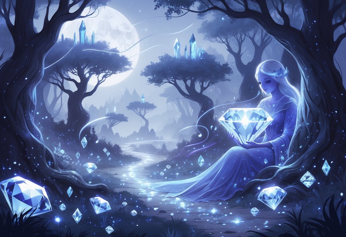 Un bosque encantado con cristales brillantes y una figura radiante sosteniendo un diamante luminoso, rodeada de luces mágicas y paisajes flotantes.