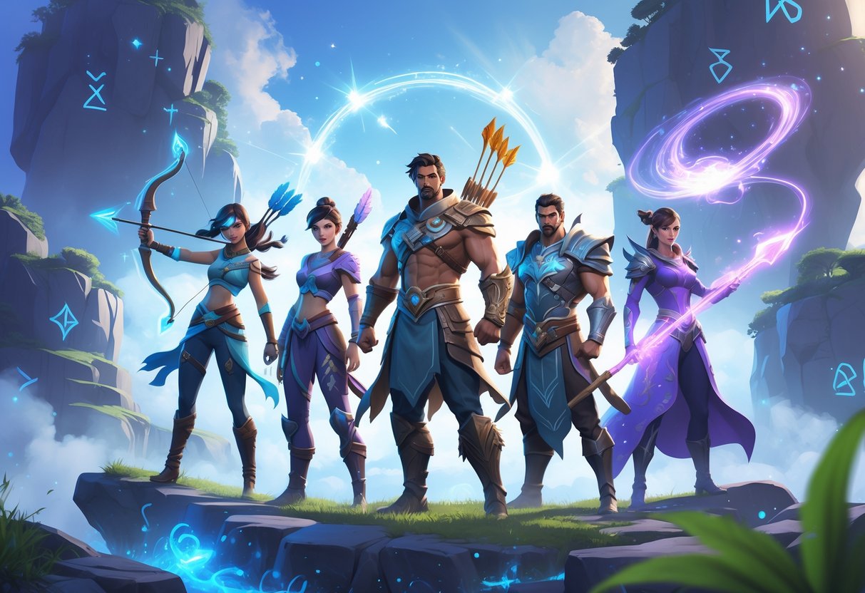 Un grupo de personajes heroicos en un paisaje fantástico, preparados para la batalla en un entorno mágico con islas flotantes y luces brillantes.