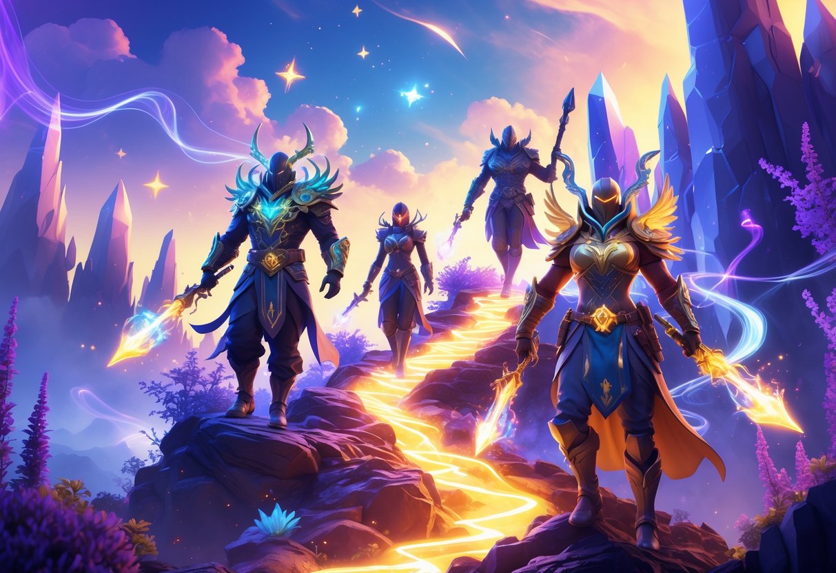 Varios personajes heroicos subiendo por un camino luminoso en una montaña mística rodeada de niebla y luces brillantes.
