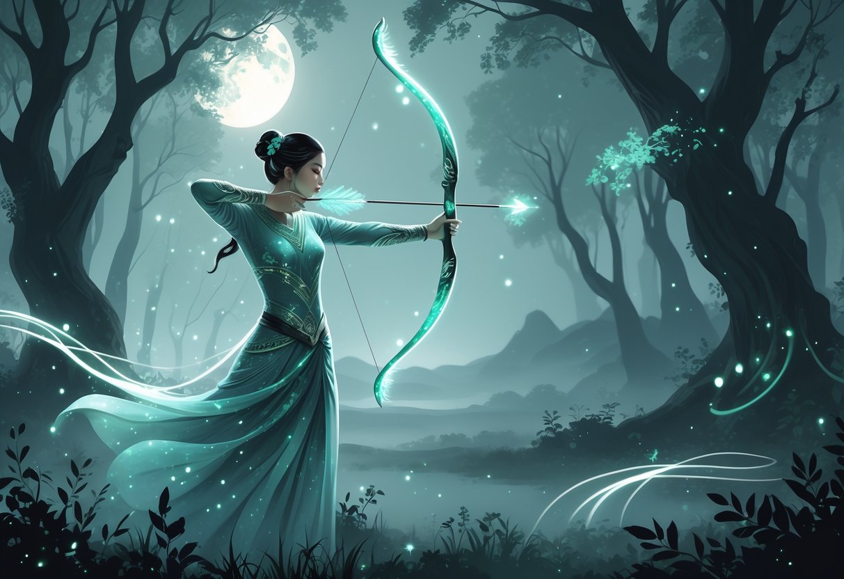 Un arquero en un bosque mágico apunta con su arco hacia un objetivo brillante en la distancia, rodeado de luces flotantes y árboles antiguos bajo la luz de la luna.