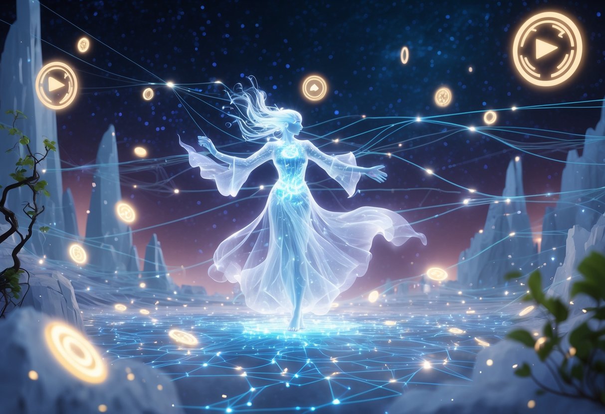 Una figura luminosa en un espacio estrellado manipula una red brillante de hilos conectados que representan la mejora de la conexión en juegos en línea.