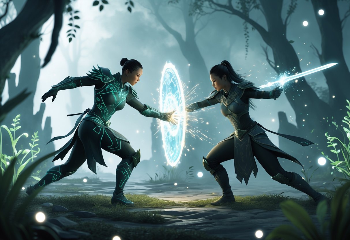 Dos guerreros enfrentados en un bosque místico, uno bloqueando un ataque con un escudo de energía mientras el otro ataca con una espada brillante.