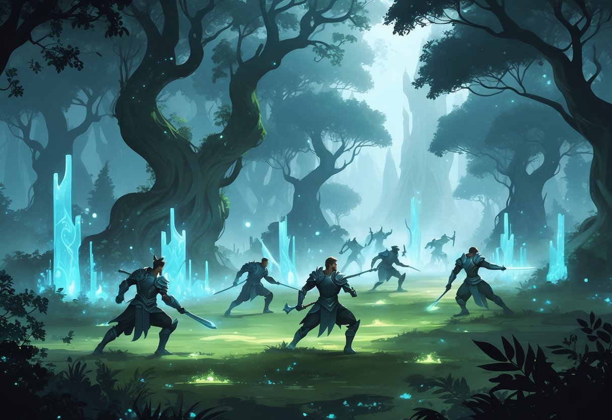 Guerreros en armadura luminosa se mueven estratégicamente entre árboles antiguos en un bosque mágico con luces suaves y criaturas míticas al fondo.