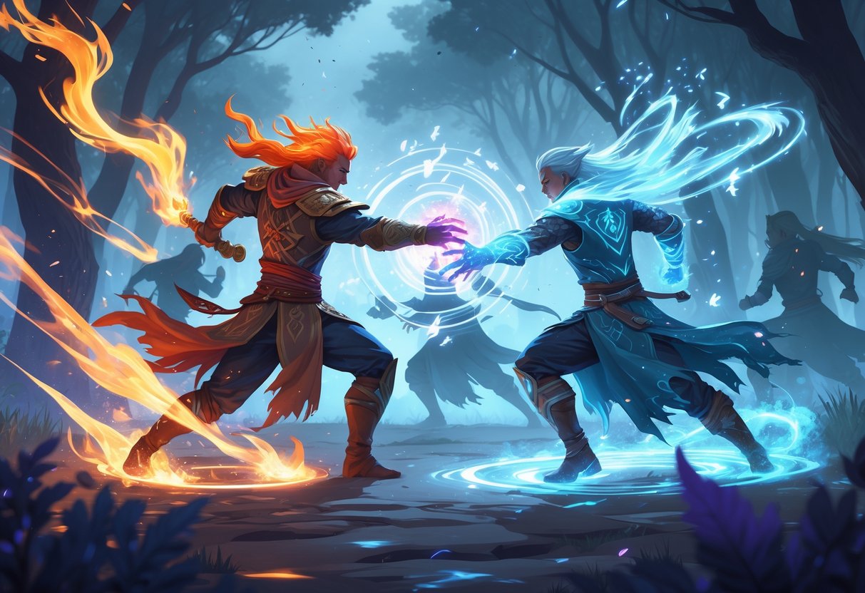 Dos guerreros en un bosque encantado luchan usando habilidades mágicas combinadas, con efectos de fuego y hielo iluminando la escena.
