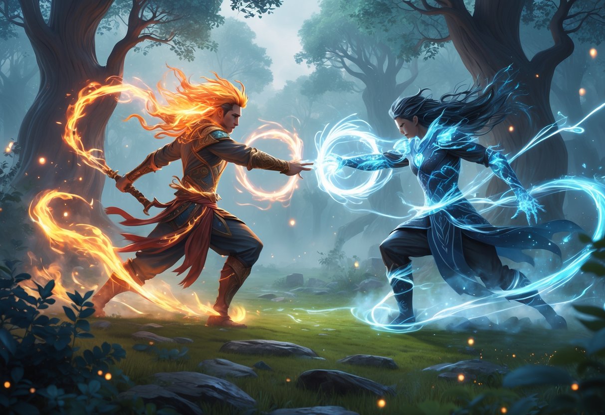 Dos guerreros místicos se enfrentan en un bosque encantado, uno con poderes de fuego y relámpagos, el otro con magia de sombra y hielo, rodeados de energía mágica y árboles antiguos.