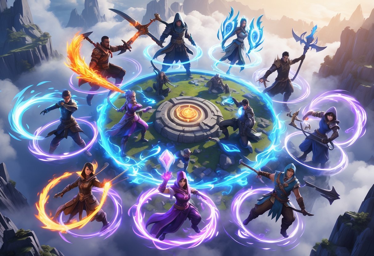 Diez personajes en un campo de batalla místico, cada uno con habilidades mágicas y armas poderosas, rodeados de luces y efectos sobrenaturales.