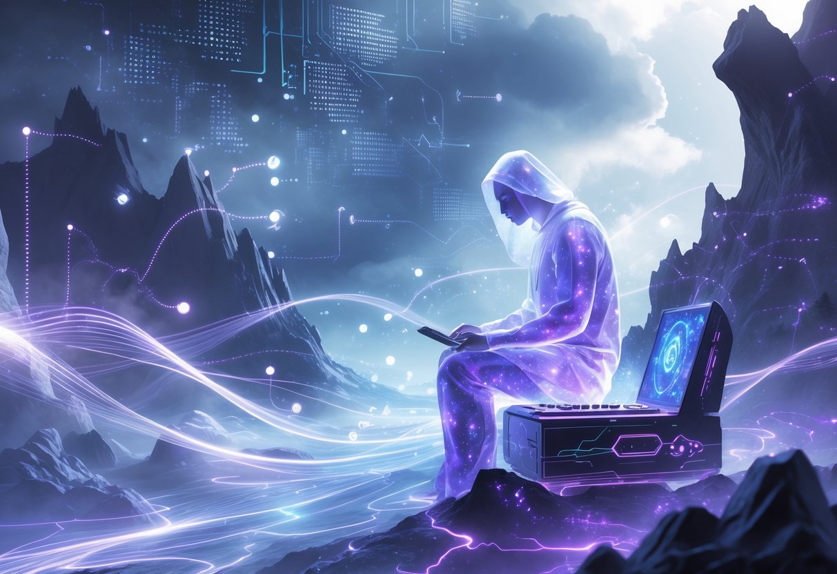 Una figura luminosa en un paisaje digital místico rodeada de flujos de luz y símbolos flotantes, con nubes oscuras alejadas por rayos brillantes que representan la mejora de la conexión en juegos en línea.