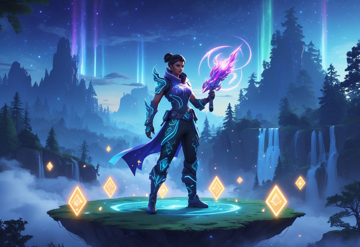Personaje nuevo de un juego de batalla en una isla flotante rodeada de runas brillantes y un bosque encantado con cascadas bajo un cielo estrellado.