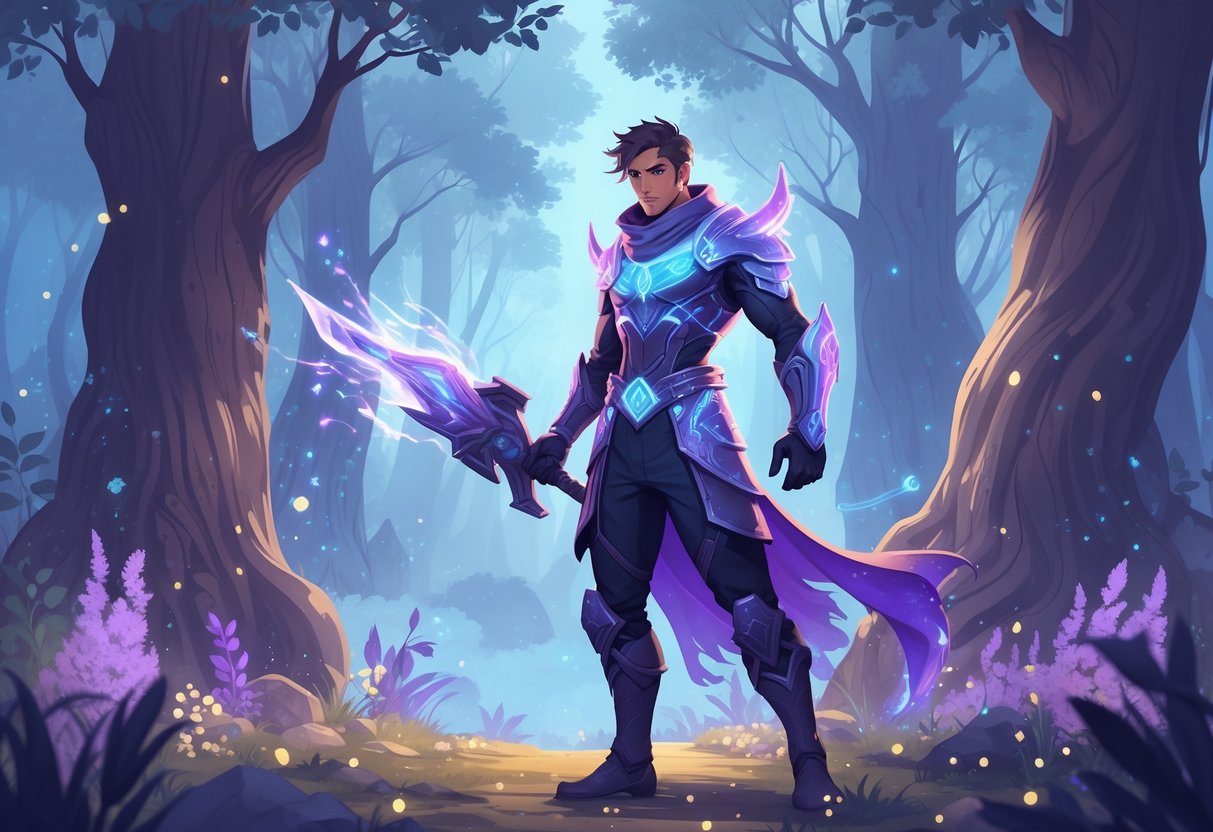 Un personaje heroico en un bosque encantado rodeado de árboles antiguos y luces flotantes, avanzando con confianza mientras figuras fantasmales se desvanecen a su alrededor.