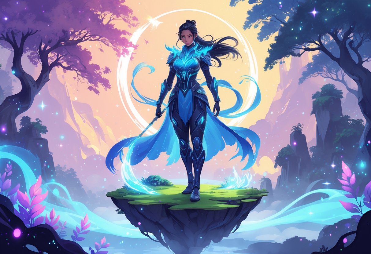 Un personaje nuevo de Free Fire en una isla flotante rodeada de un bosque mágico con plantas luminosas y niebla, vestido con armadura brillante y ropa fluida, bajo un cielo estrellado y colorido.