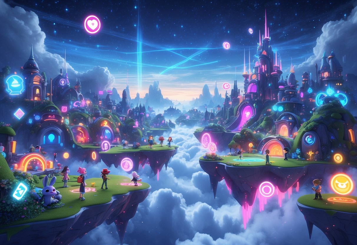 Un paisaje fantástico con una ciudad flotante iluminada y personajes explorando un mundo mágico lleno de luces y elementos brillantes.
