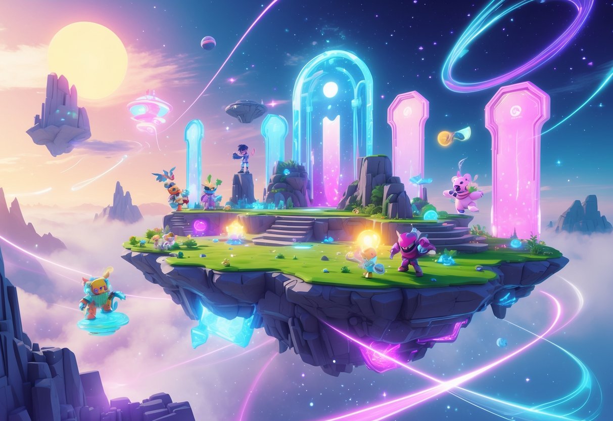 Un paisaje fantástico con islas flotantes, criaturas fantásticas y estructuras brillantes bajo un cielo colorido y estrellado.