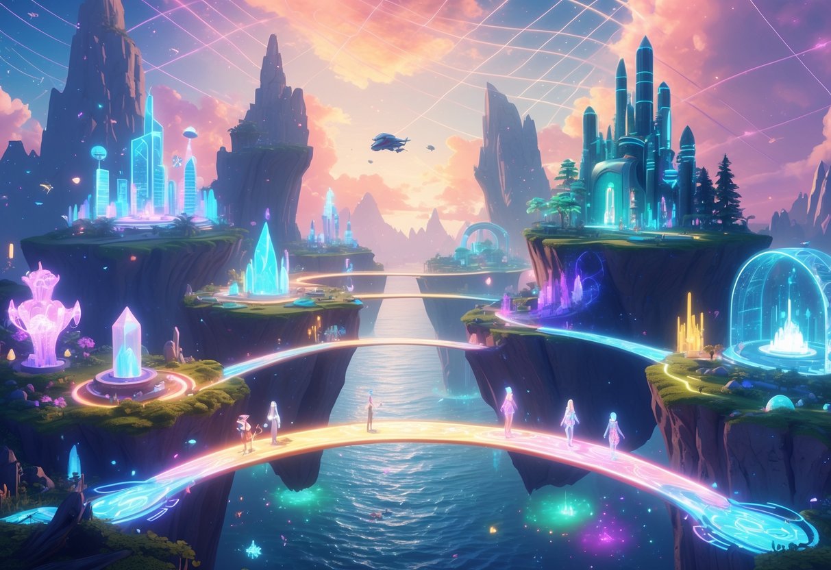 Un paisaje fantástico con islas flotantes conectadas por puentes luminosos, mostrando diferentes ambientes de juego y figuras explorando el mundo digital.
