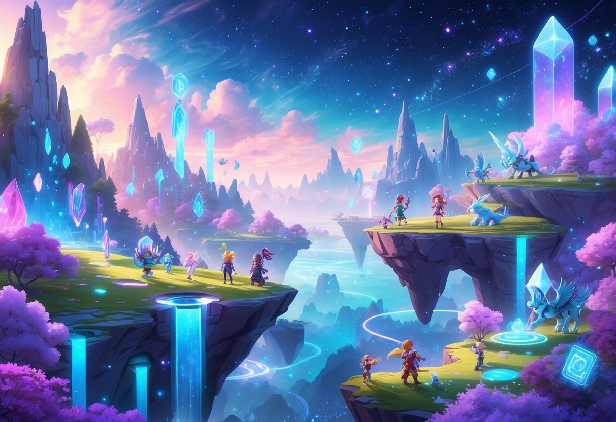 Un paisaje fantástico con islas flotantes, bosques luminosos y criaturas mágicas explorando un mundo digital brillante y colorido.