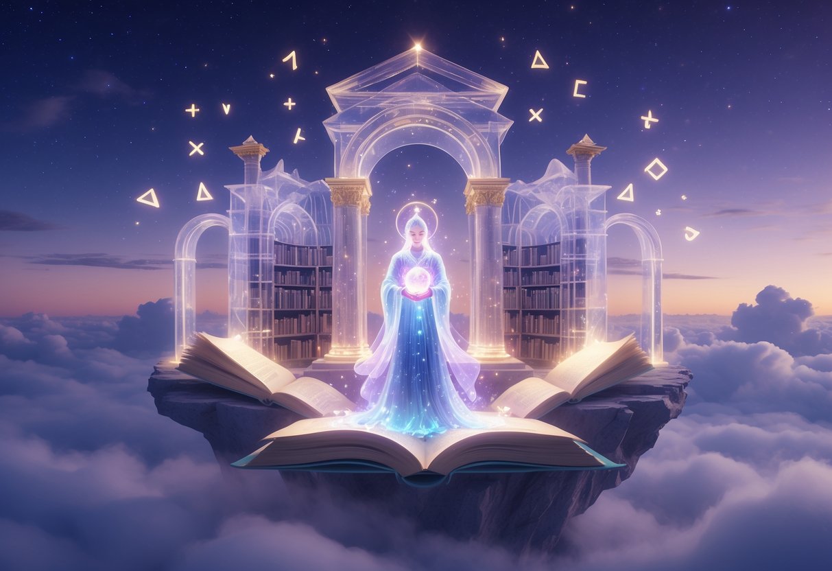 Una figura luminosa sostiene un orbe brillante en una biblioteca antigua flotante entre nubes al atardecer.