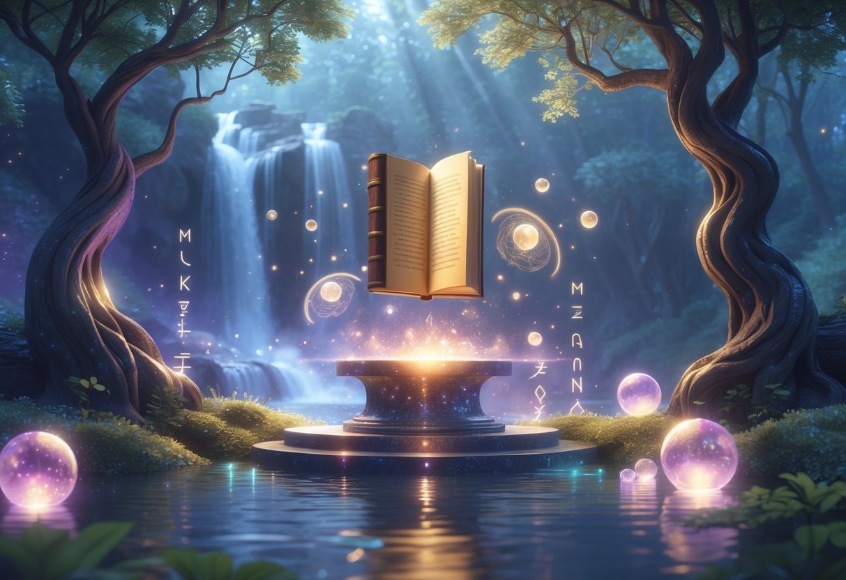 Un libro antiguo brillante flotando sobre un pedestal en un bosque encantado con árboles altos y hojas luminosas, rodeado de orbes de luz y una cascada en el fondo.